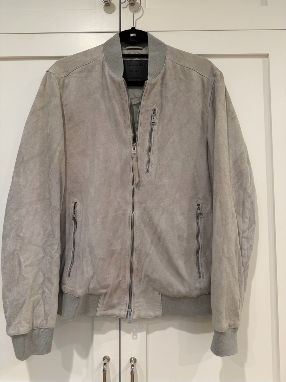 AllSaints Light Gray Suede Bomber Jacket